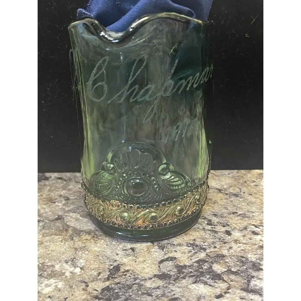Antique EAPG Pitcher Green Glass with Gold Trim Engraved L‎ J Chapman 1912 Nice